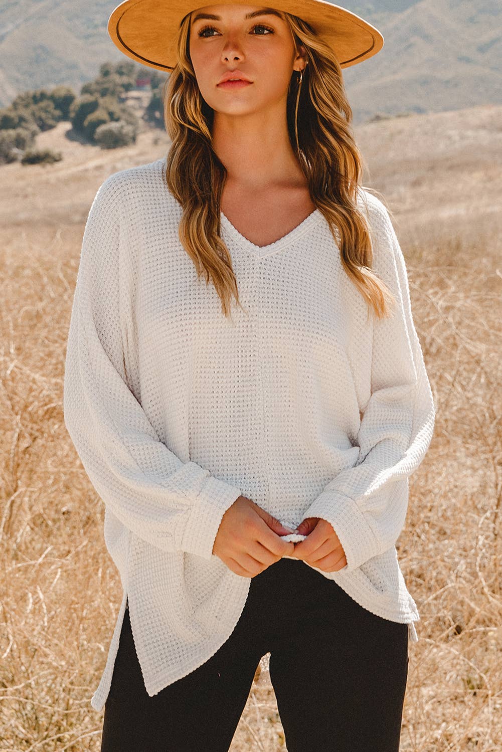 Waffle Knit Side Slits Loose Fit Top Blouse – Farmers and Ranchers 
