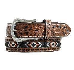 Mens Embroidered Tooled Floral Brown Belt