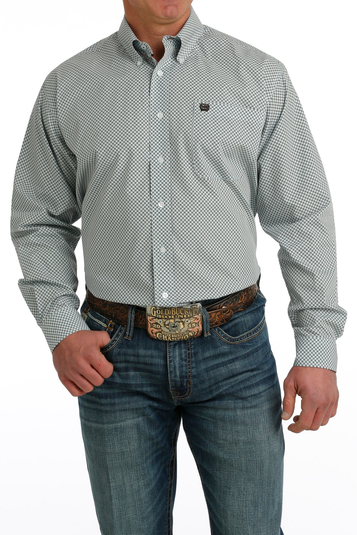 Cinch LS Print Button Up - Light Blue