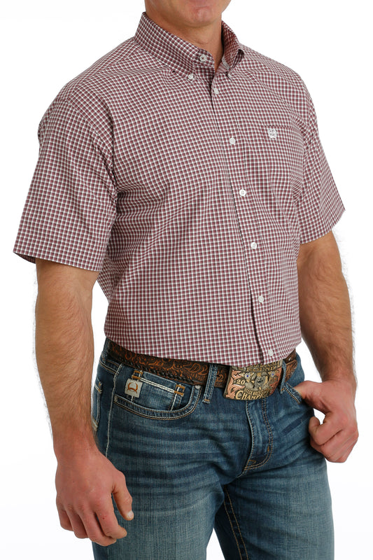 Mens Cinch SS bUTTON Up- Burgundy Plaid