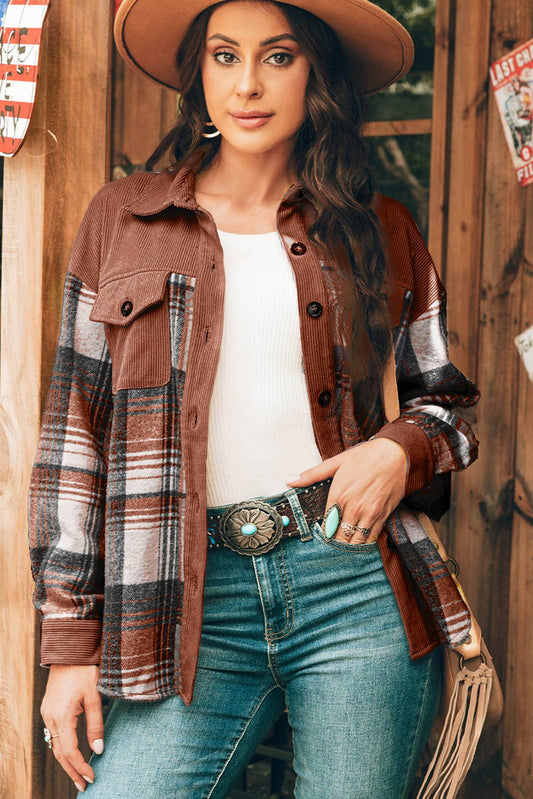 Plaid Corduroy Patchwork Chest Pocket Shacket