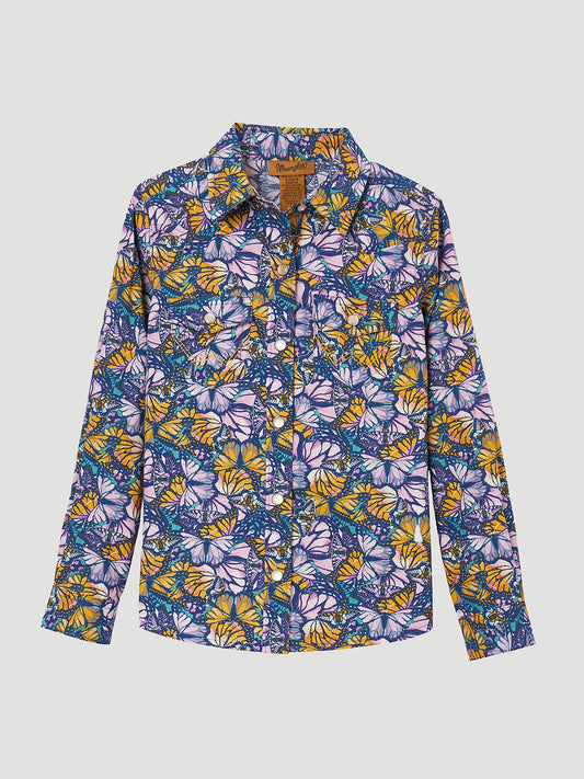 Girl's Butterfly Print Western Snap Shirt -Purple Multi