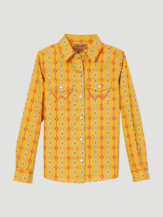 Girl's Long Sleeve Geo Print Western Snap Shirt- Yellow Gold
