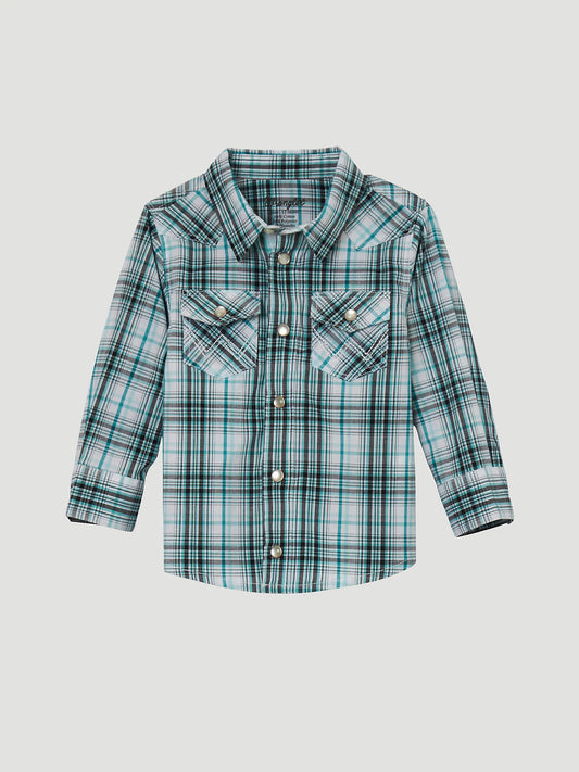 Little Boy Long Sleeve Snap Front Plaid Western Shirt in Turquoise