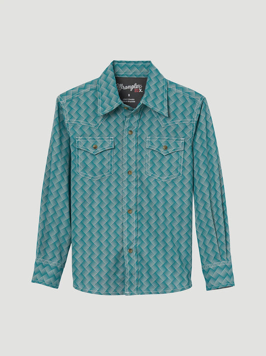 Boy's Wrangler® 20X® Western Snap Print Shirt- Green Hatches