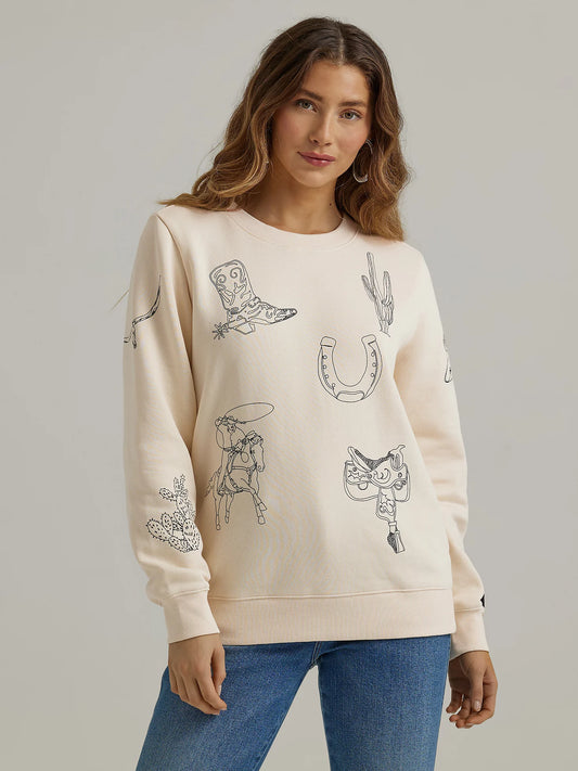 Women's Wrangler Cowboy Icons Pullover Sweatshirt in Egret