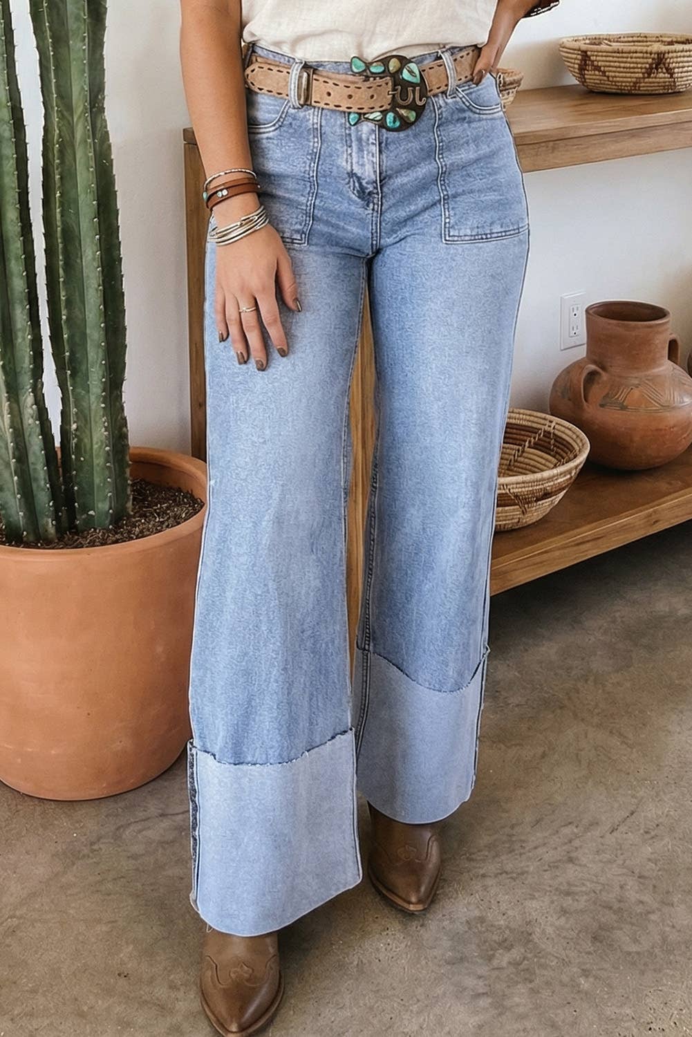 LDC Button Solid Turn-up Cuffs Wide Leg Jeans