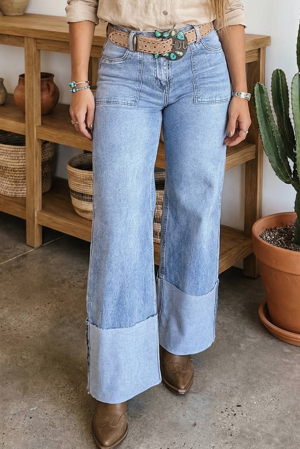 LDC Button Solid Turn-up Cuffs Wide Leg Jeans