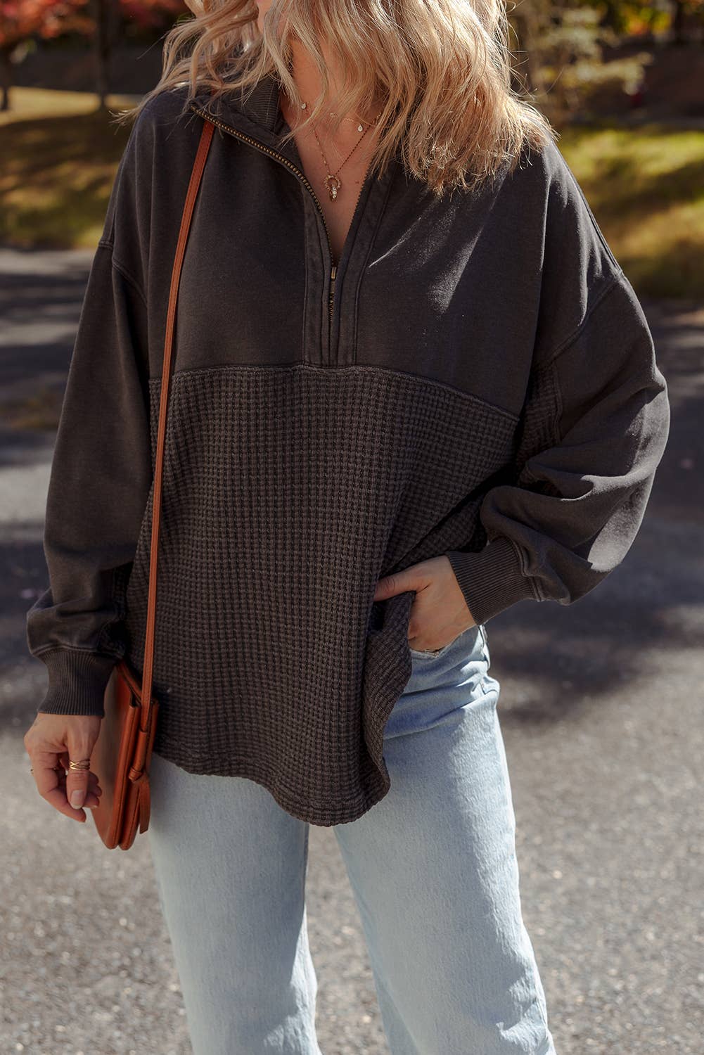 Waffle Knit Patchwork Half Zip Sweatshirt