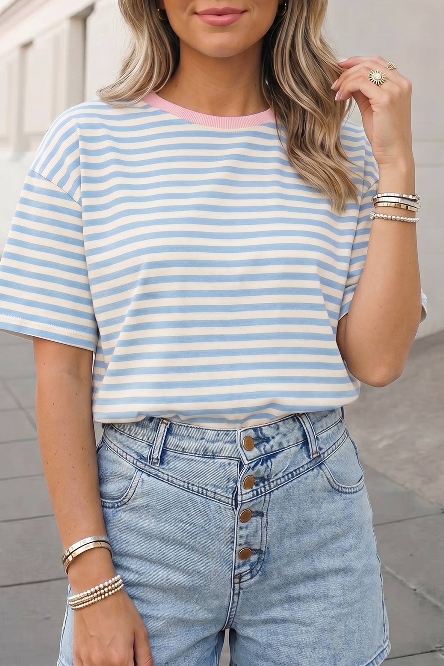Stripe Contrast Crewneck Drop Shoulder Tee | S-XL Plus 1X-4X