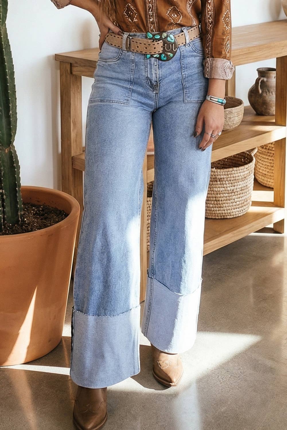 LDC Button Solid Turn-up Cuffs Wide Leg Jeans