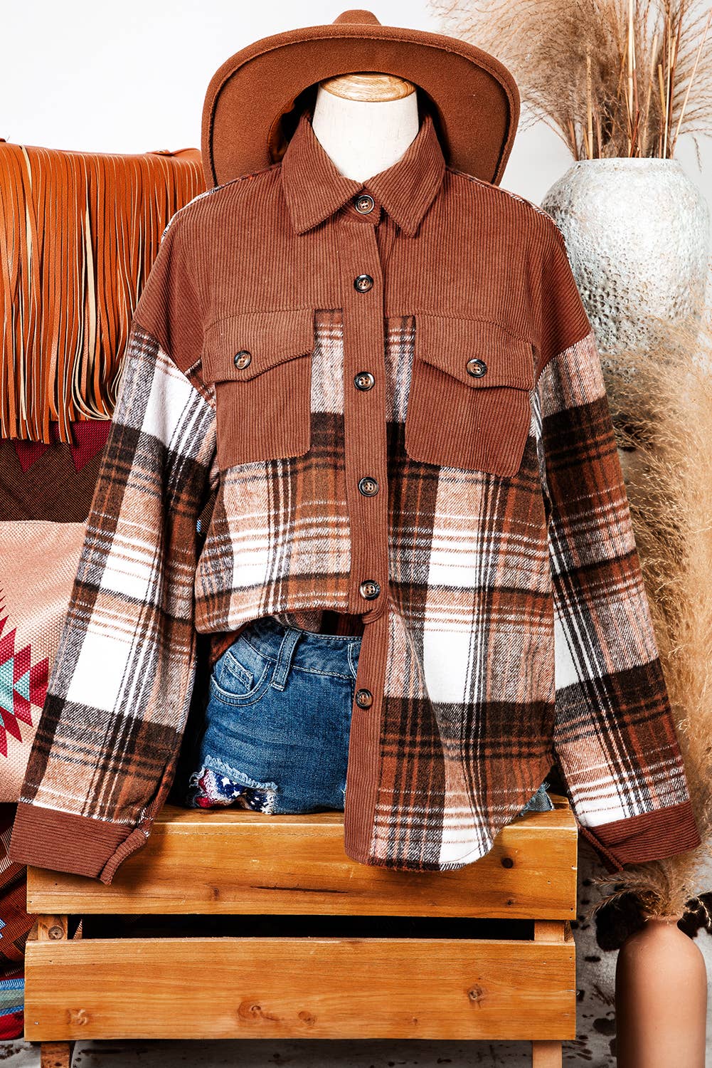 Plaid Corduroy Patchwork Chest Pocket Shacket