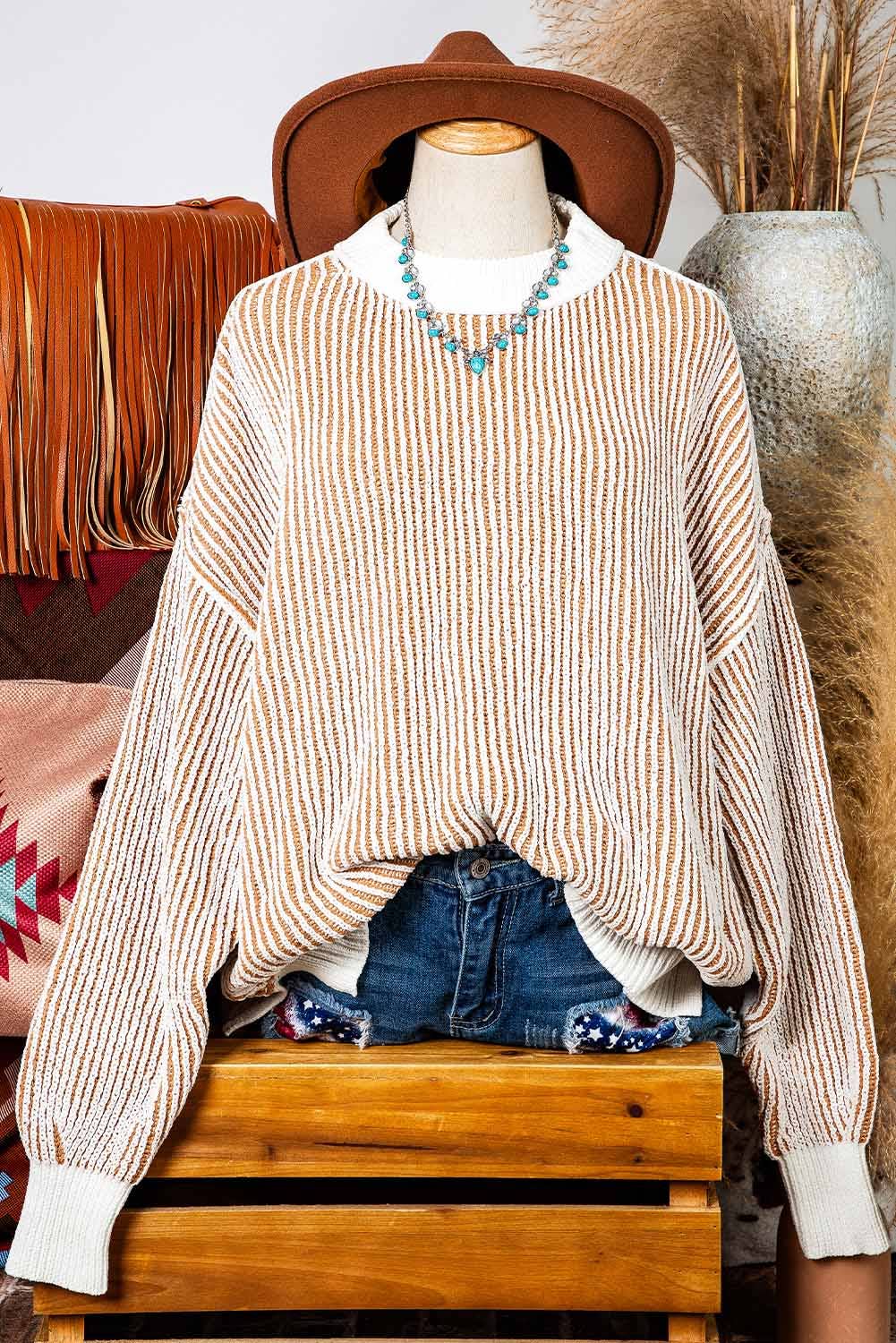 Stripe Textured Knit Contrast Edge Loose Sweater