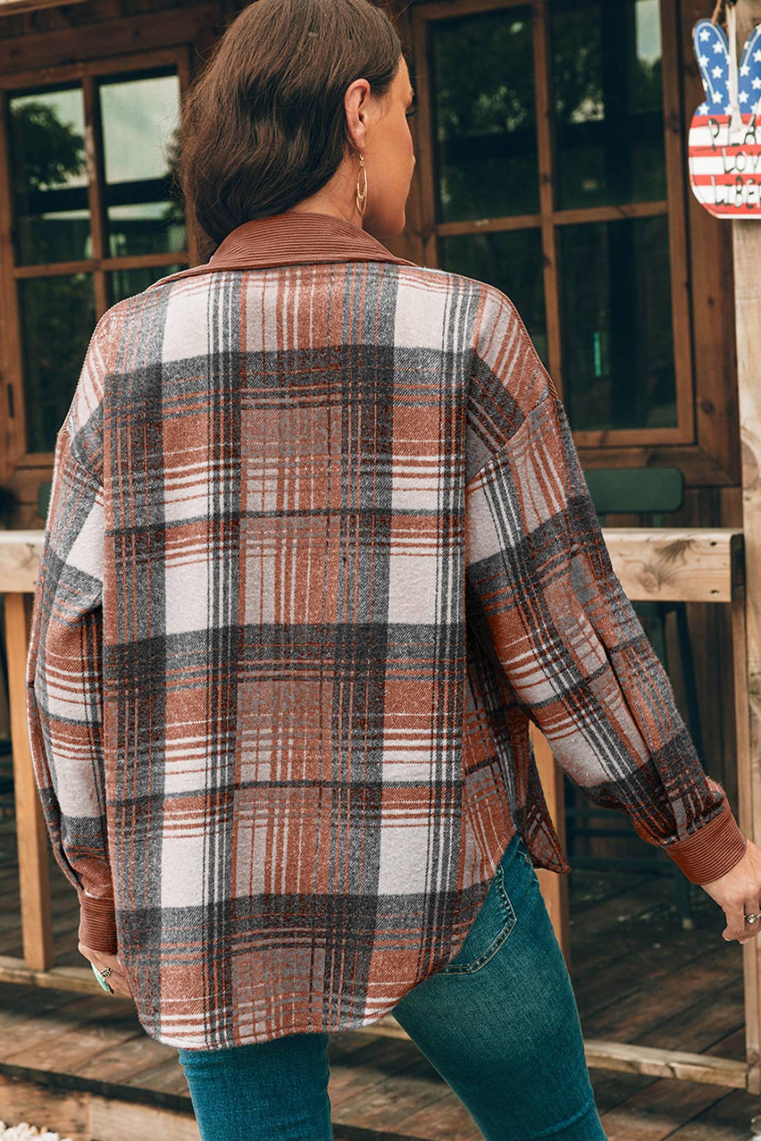 Plaid Corduroy Patchwork Chest Pocket Shacket