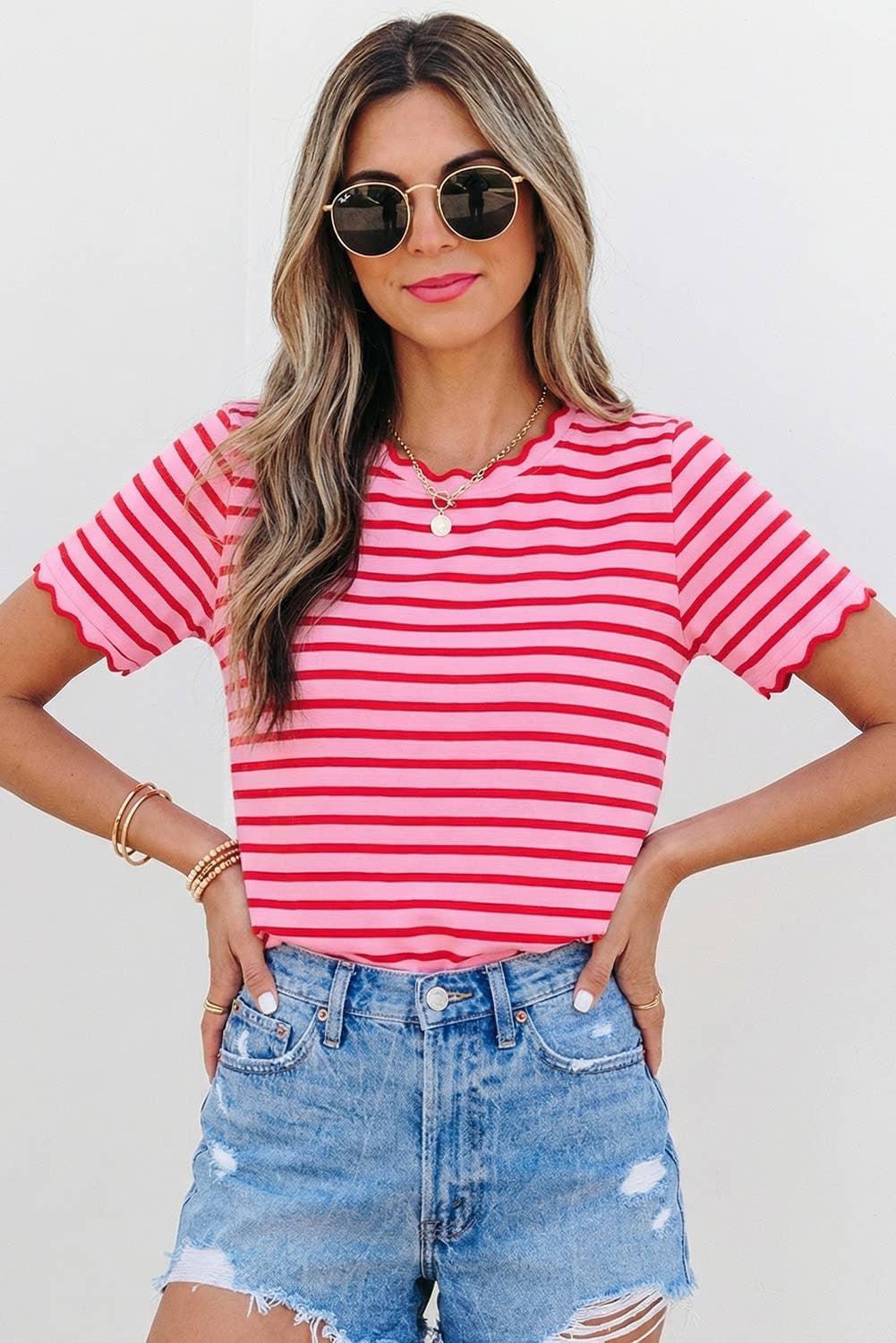 Stripe Scalloped Trim Round Neck T Shirt