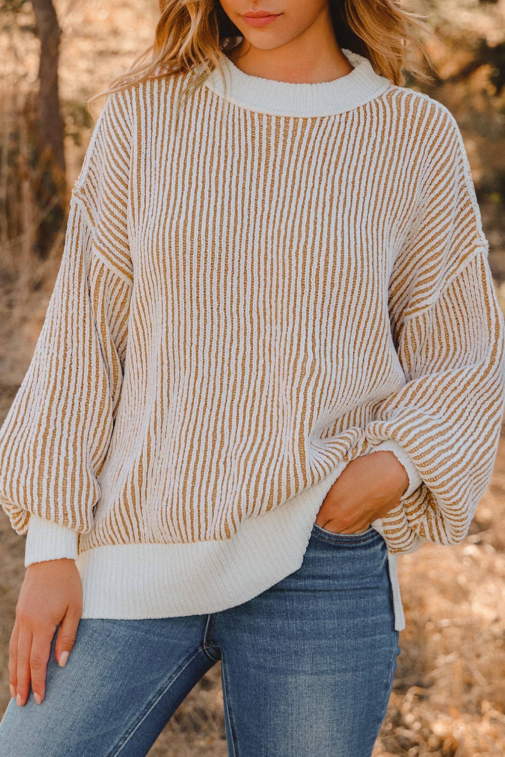 Stripe Textured Knit Contrast Edge Loose Sweater