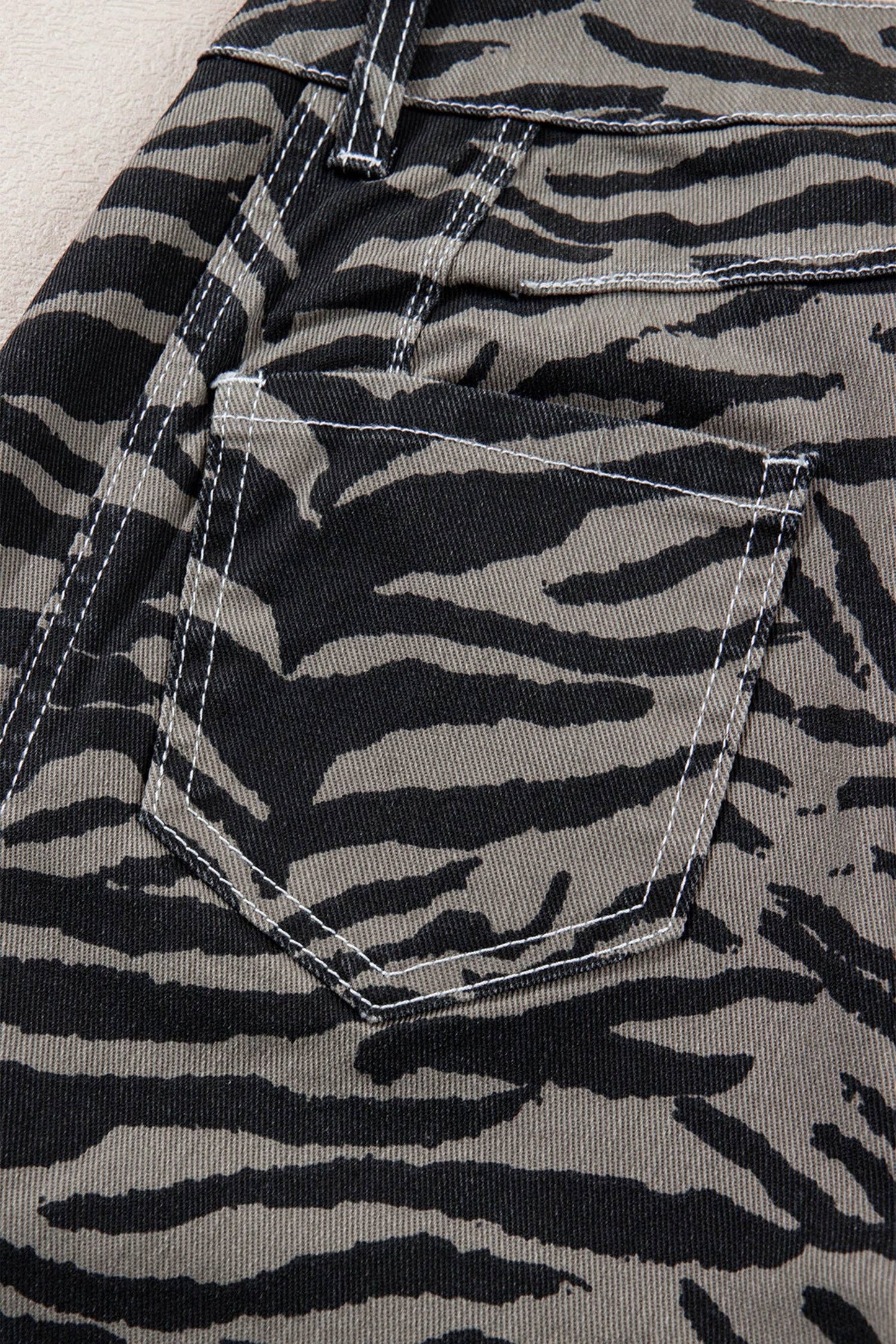 Gray Zebra Stripe Printed Wide Leg Jeans