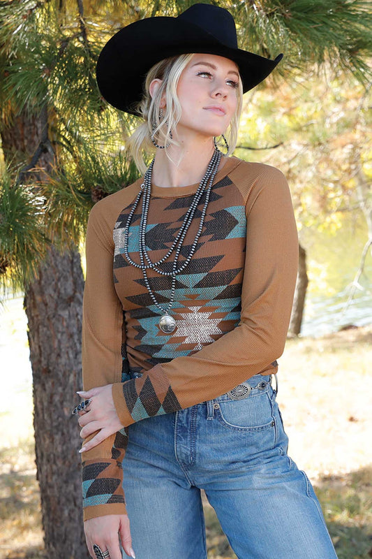 Womens Cinch Long Sleeve- Brown Aztec