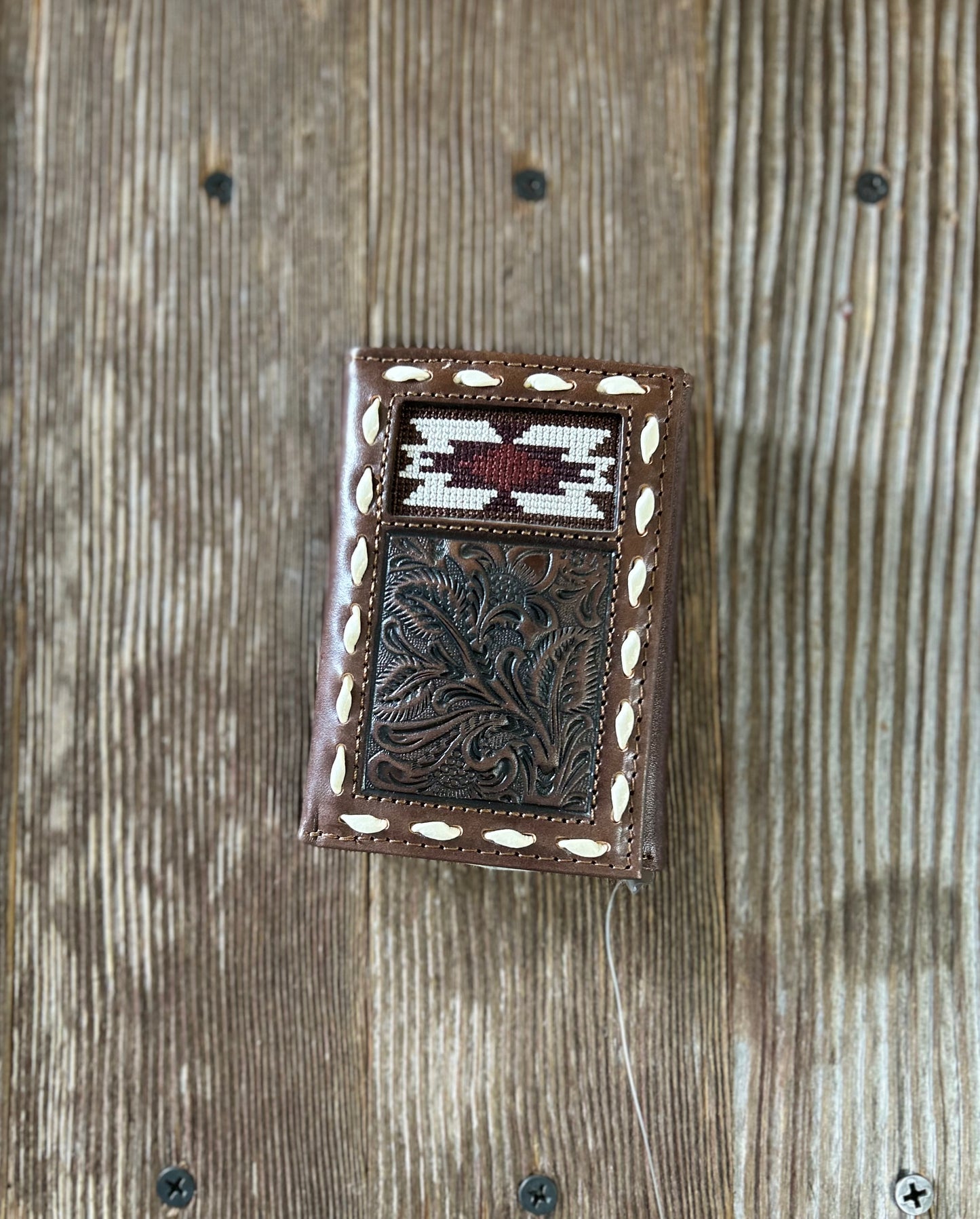 Wallet Tooled Southwestern Buck Lacing Brown-TRI FOLD