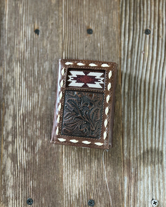 Wallet Tooled Southwestern Buck Lacing Brown-TRI FOLD