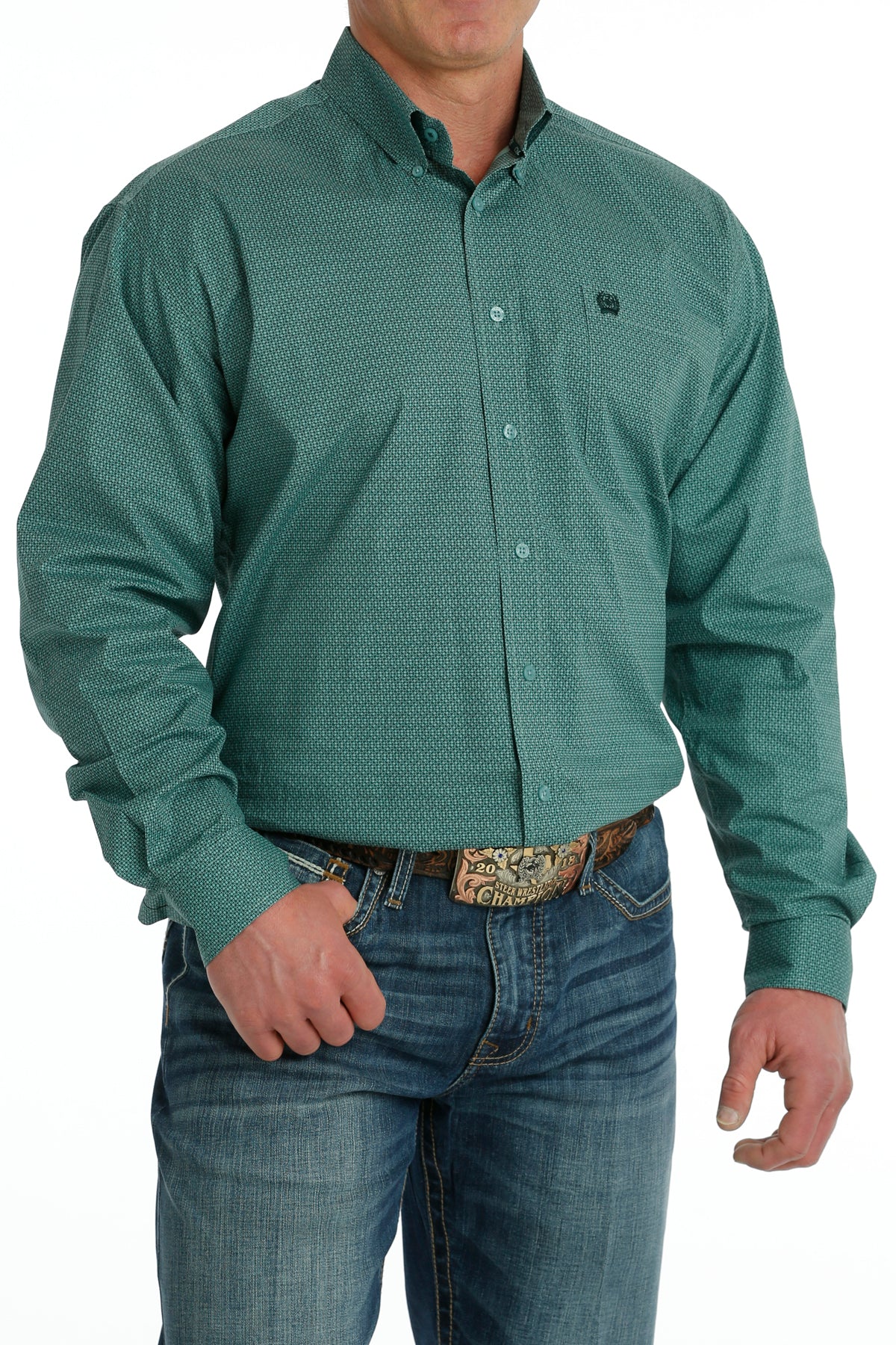 Mens Cinch Button Up- Turquoise Print