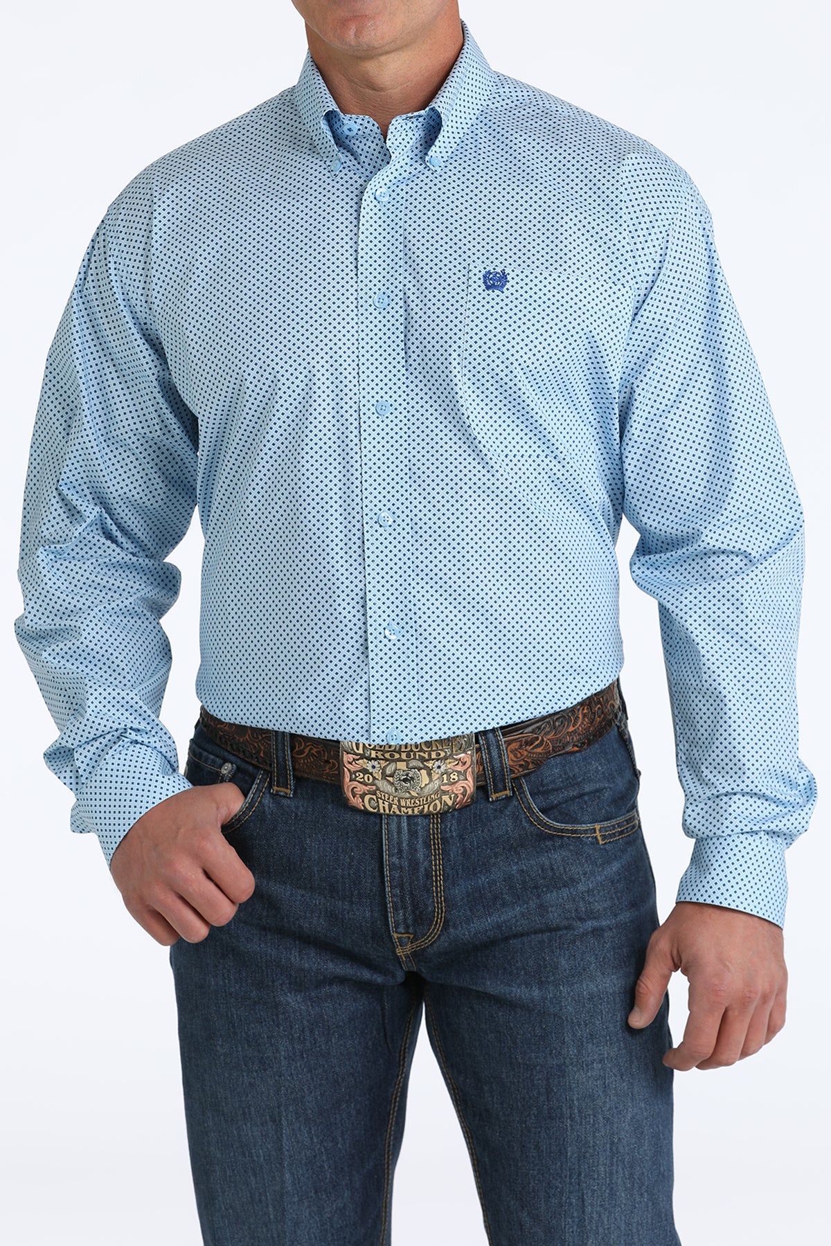 Mens Cinch LS Button- Light Blue/Navy Circle