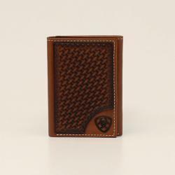 Ariat Mens Trifold Wallet Basketweave Shield Tan