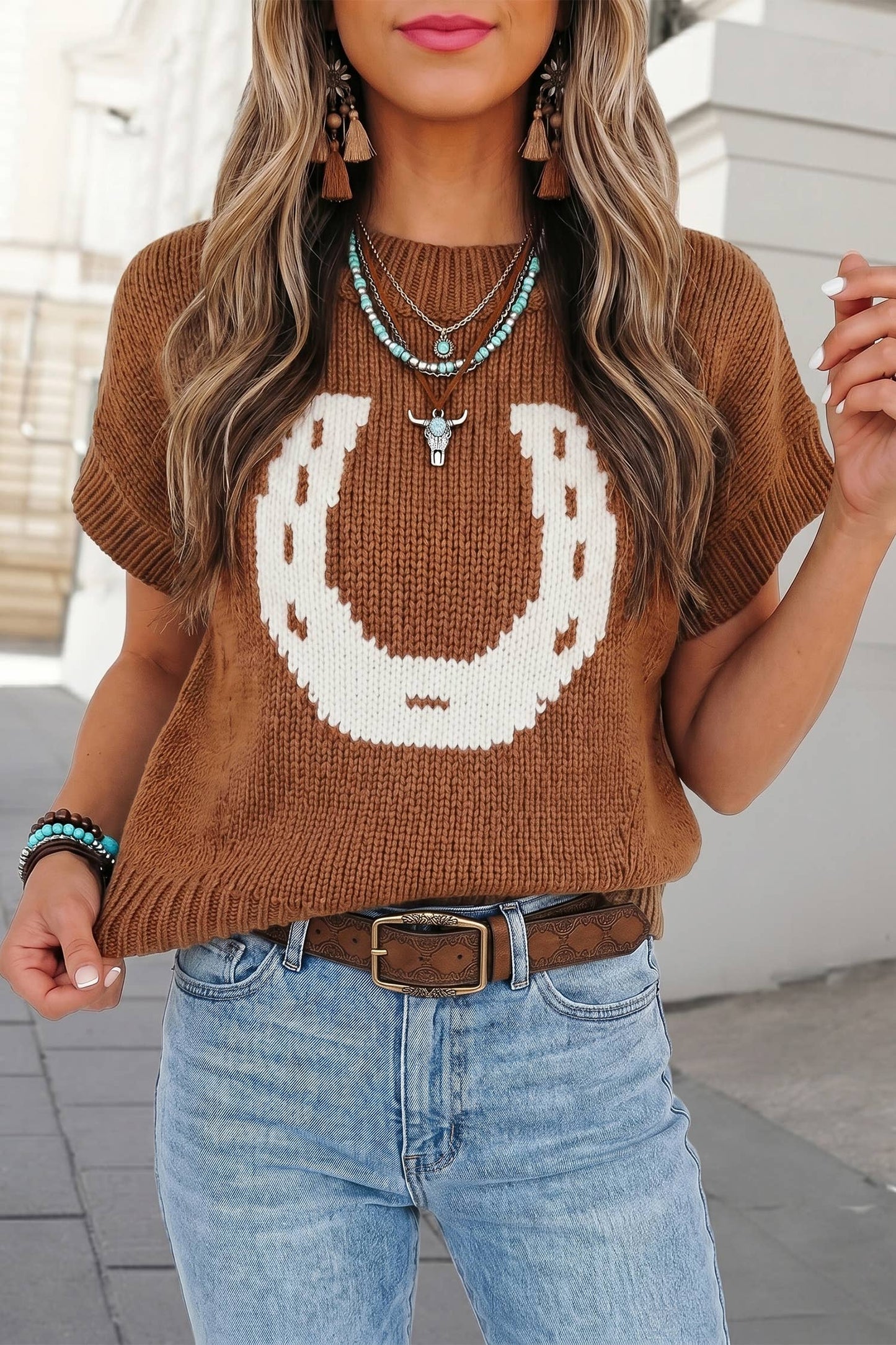 Western Horse Round Neck Knit T-Shirt | S-XL