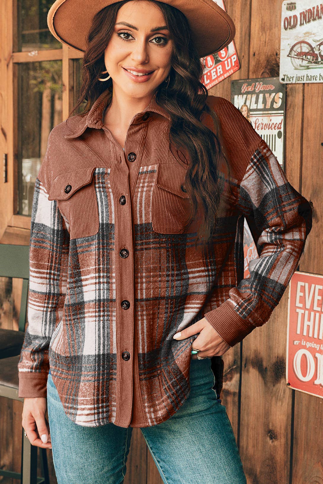 Plaid Corduroy Patchwork Chest Pocket Shacket