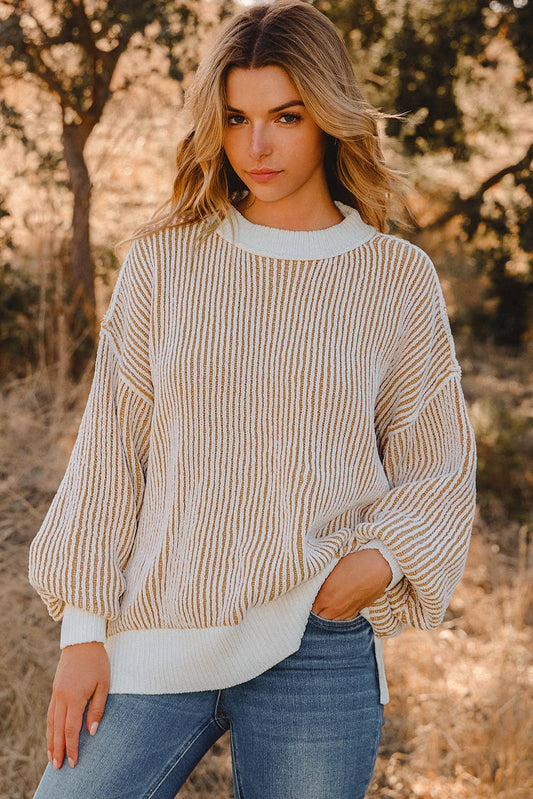 Stripe Textured Knit Contrast Edge Loose Sweater