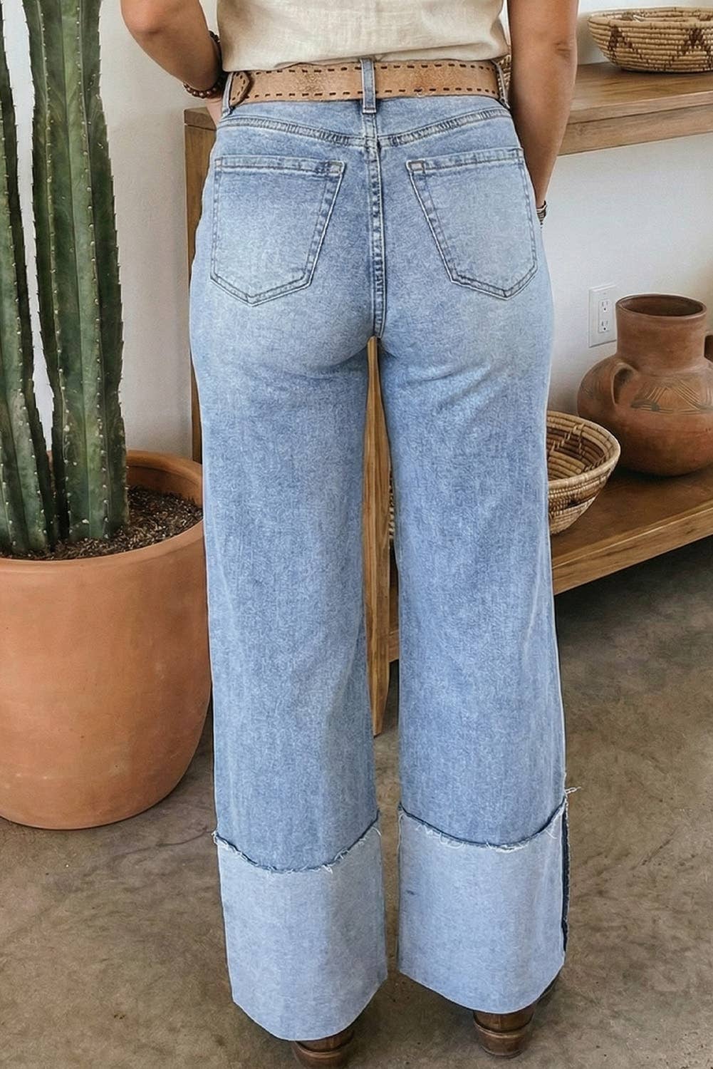 LDC Button Solid Turn-up Cuffs Wide Leg Jeans