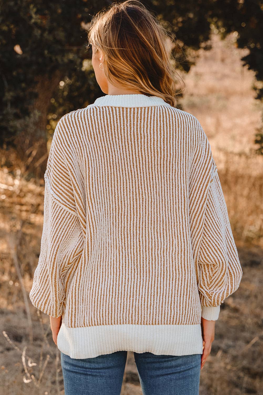 Stripe Textured Knit Contrast Edge Loose Sweater