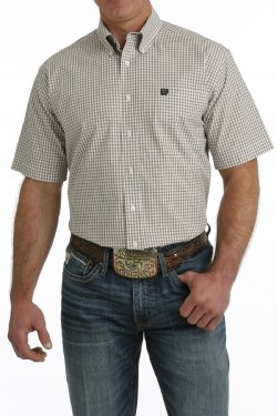 Men's Plaid Button-Down Short Sleeve Western Shirt - Khaki / White